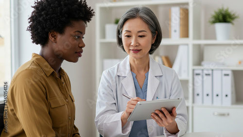 An Asian doctor is being informed about the patient's issues by an African American individual, who is using a tablet to facilitate the conversation