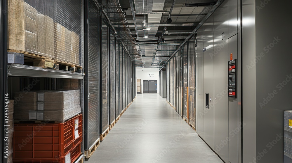 Naklejka premium Industrial warehouse corridor with storage shelves and packages