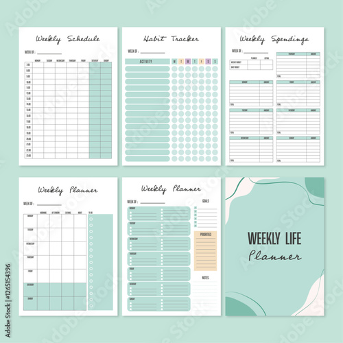Modern minimalist weekly planner template set.weekly schedule,habit tracker,weekly spending. Productivity and  organization template.Vector illustration