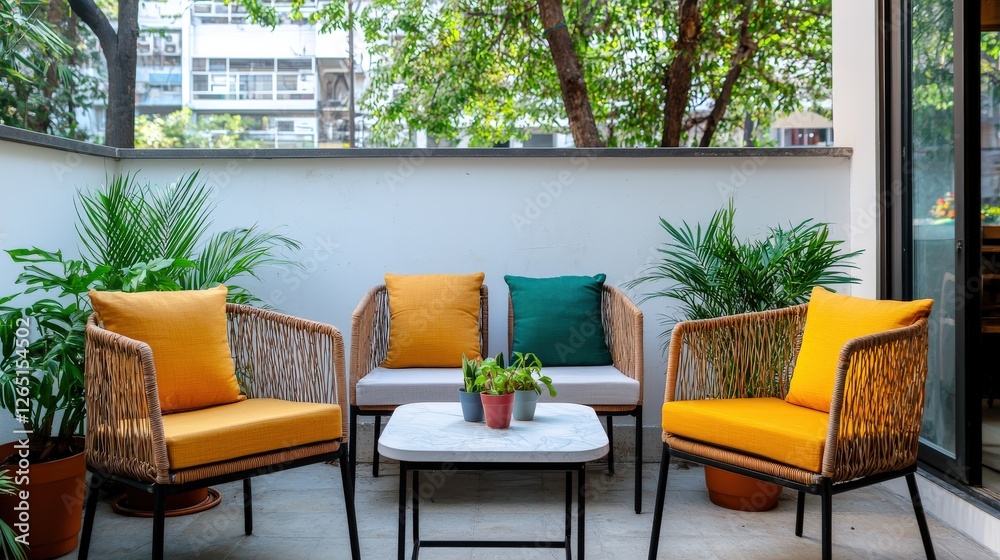 Cozy Outdoor Seating Area with Modern Chairs and Lush Plants Cozy Outdoor Seating Area with Modern Chairs and Lush Plants
