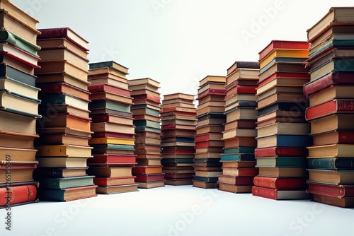 Immense book collection, bright white backdrop, towering stacks , collection, library