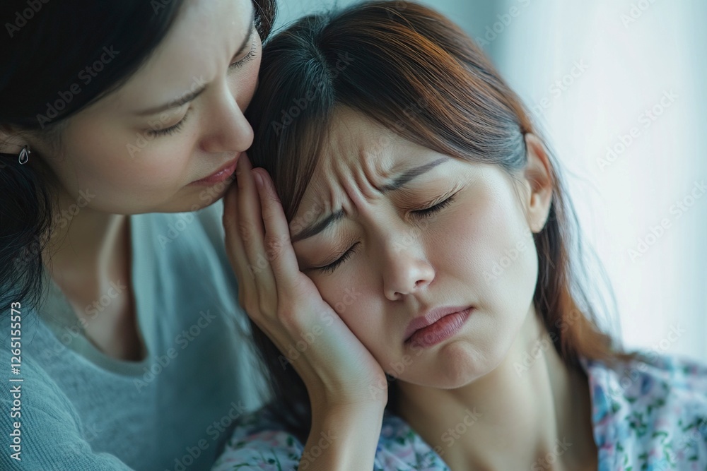 A Japanese woman is lying down and holding her head in pain, while the mother touches it with one hand on the top of her shoulder to comfort her. The background color is white or light blue A Japanese woman is lying down and holding her head in pain, while the mother touches it with one hand on the top of her shoulder to comfort her. The background color is white or light blue