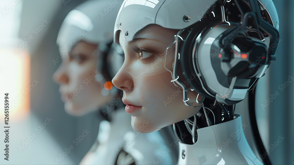 Fototapeta premium AI data digital voice cloning technology concept. Ai agent, chatbot technology human robot with headset concept