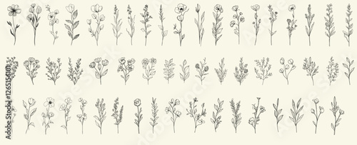 Minimalist black line art of veronica flowers, hand-drawn wedding herbs, trendy greenery collection, feminine botanical floral branch for modern wedding invitations, greenery designs.