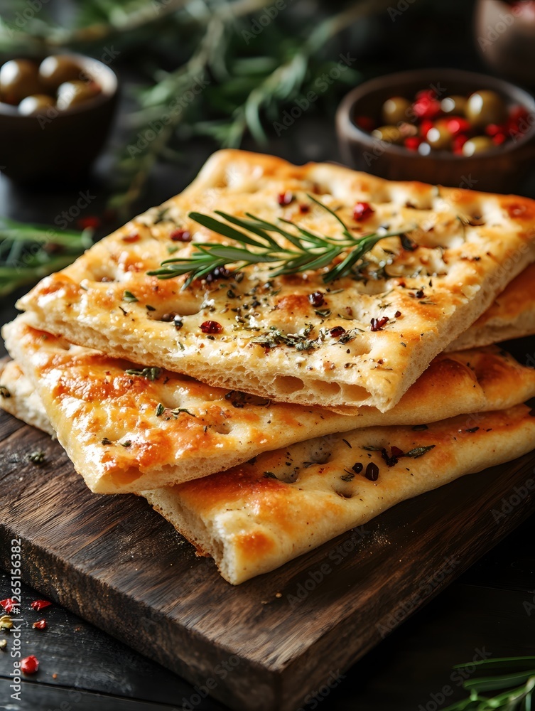 Rustic Focaccia Stack with Rosemary and Herbs on Dark Wooden Board Italian Cuisine Concept Rustic Focaccia Stack with Rosemary and Herbs on Dark Wooden Board Italian Cuisine Concept