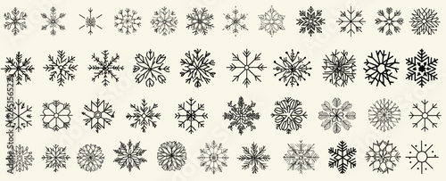 Minimalist black line art snowflakes for modern wedding stationery, feminine botanical floral branch, trendy greenery, hand drawn design, seasonal branding, elegant decor, winter wedding logos.