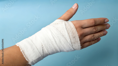 Bandaged hand showing recovery against a soothing blue background