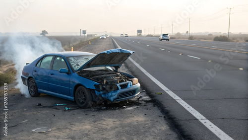 Burnt blue car with open hood abandoned on the roadside at dusk