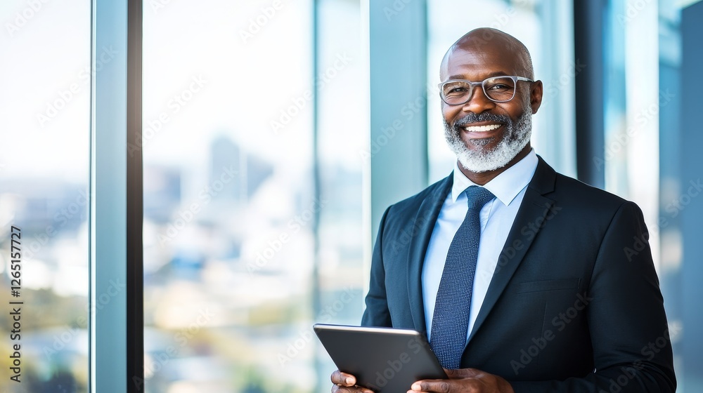 Fototapeta premium Confident businessman holding a tablet, smiling in a modern office with a city view