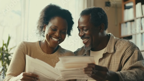 Mature smiling couple sitting and managing expenses at home. Happy mid black man and woman paying bills and managing budget. Middle aged african american couple checking accountancy and bills.