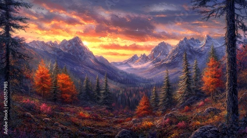 Serene Mountain Landscape at Sunset with Vivid Autumn Colors and Majestic Peaks Under a Cloudy Sky