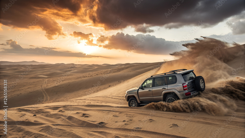 All-terrain SUV driving through golden desert sand at sunset, dramatic skies All-terrain SUV driving through golden desert sand at sunset, dramatic skies
