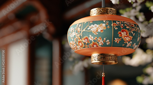 Close-up of a delicate Chinese lantern featuring floral designs with a traditional and elegant aesthetic in a tranquil setting. AI Generated Images photo