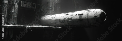 Derelict spaceship rests in dark, decaying structure.