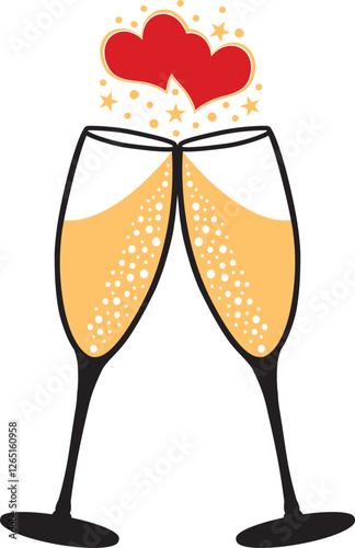 Gold and black Love Champagne toast. Vector hand drawn illustration icon for celebration. Valentines day icon.
