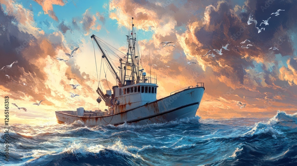 Fototapeta premium Fishing boat at sea, dramatic sunset, seagulls, ocean waves