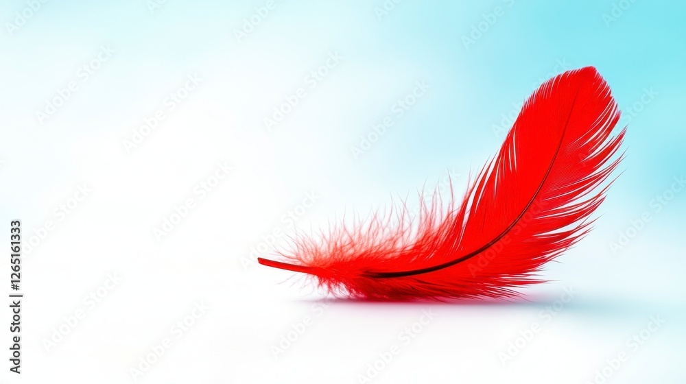 Single Red Feather on White Surface Against a Light Blue Background Single Red Feather on White Surface Against a Light Blue Background