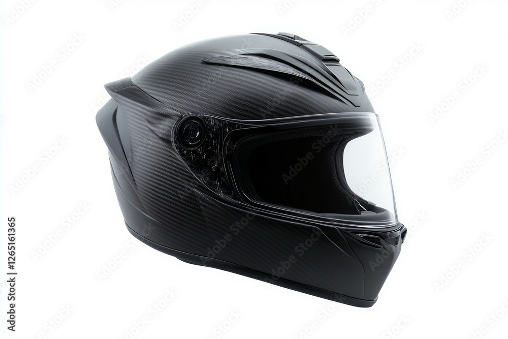 Fototapeta premium Black motorcycle helmet on solid white background. AI image