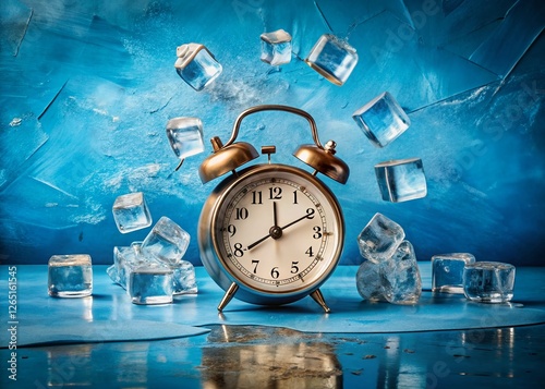 Spring Awakening: Melting Ice and Alarm Clock Panoramic Collage on Blue