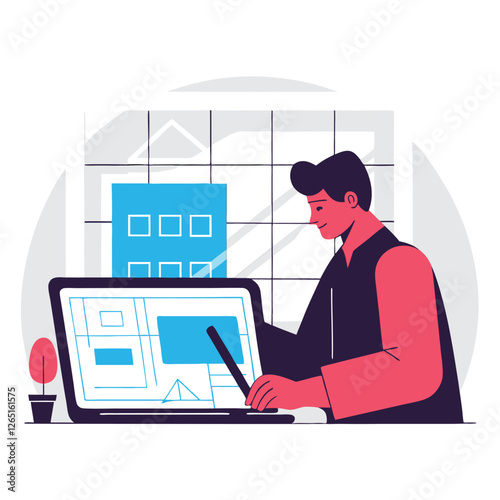 A detailed illustration showcasing a creative workspace with a European male designer working intently at his desk, surrounded by design elements.