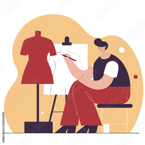 A stylized illustration of a designer sketching a dress on a mannequin, featuring a diverse individual engaged in their work.