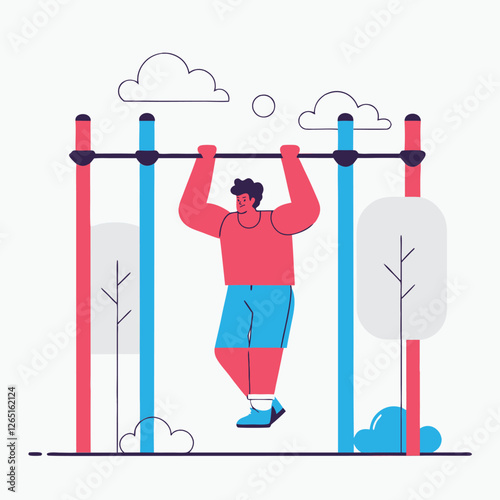 An illustration of a muscular man performing pull-ups on a bar in a park setting, showcasing his fitness routine. The style is modern and flat.