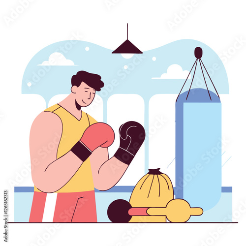 A cartoon illustration of a male boxer preparing for training. He is European with blue shorts, gloves, and a focused expression in a gym setting.