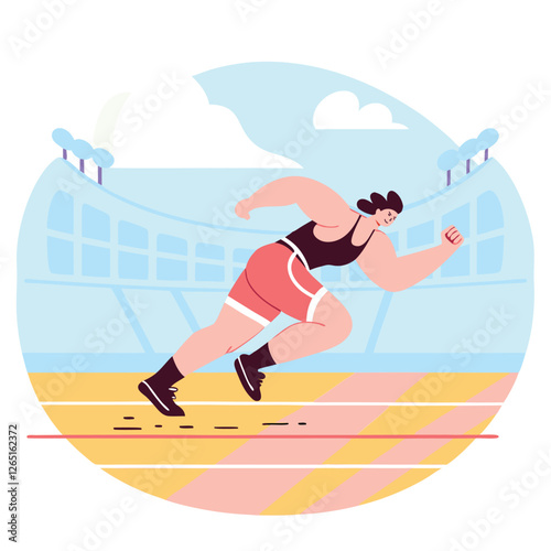 This illustration features two athletes of different ethnic backgrounds competing in a dynamic running race with a stylized backdrop.