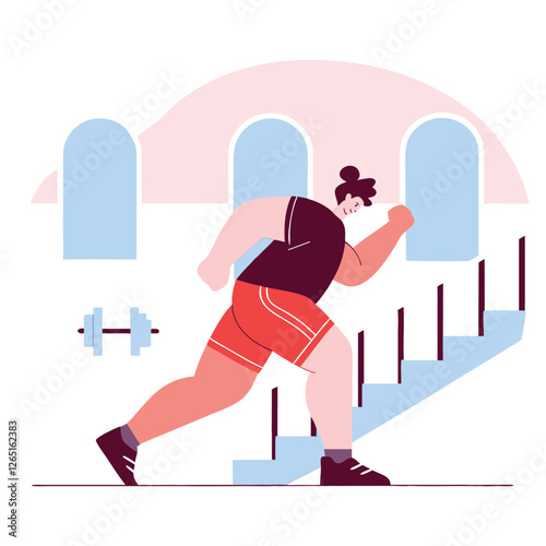 An illustration of an Asian individual exercising on stairs, showcasing determination and a healthy lifestyle. The 2D vector art emphasizes fitness and perseverance.