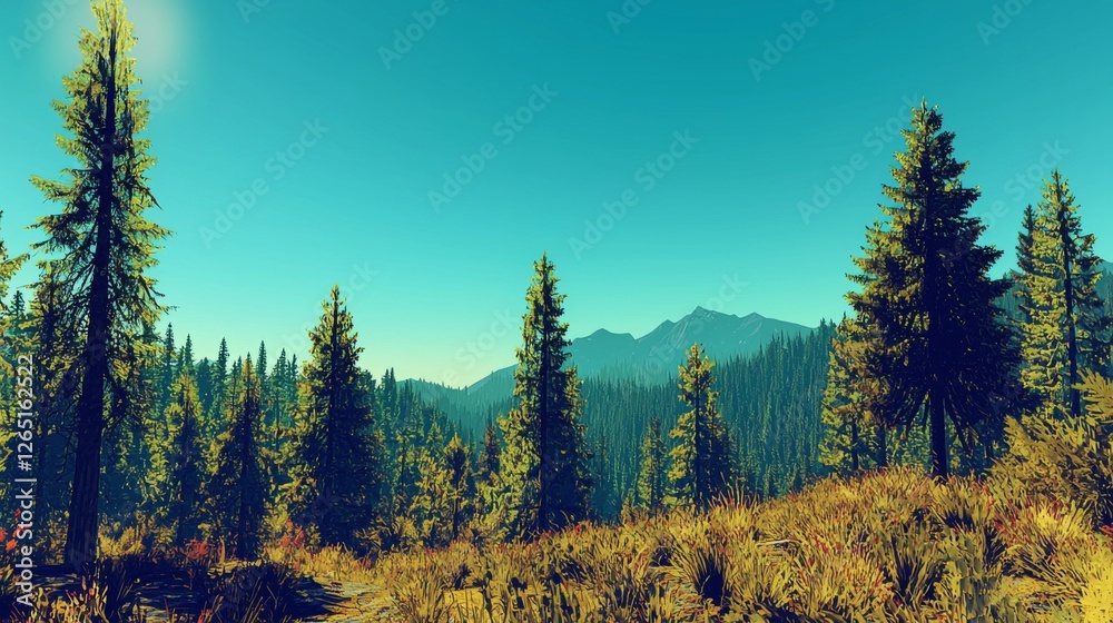 Fototapeta premium Serene Forest Landscape with Tall Pines and Clear Blue Sky Under Bright Sunlight in Nature's Peaceful Embrace