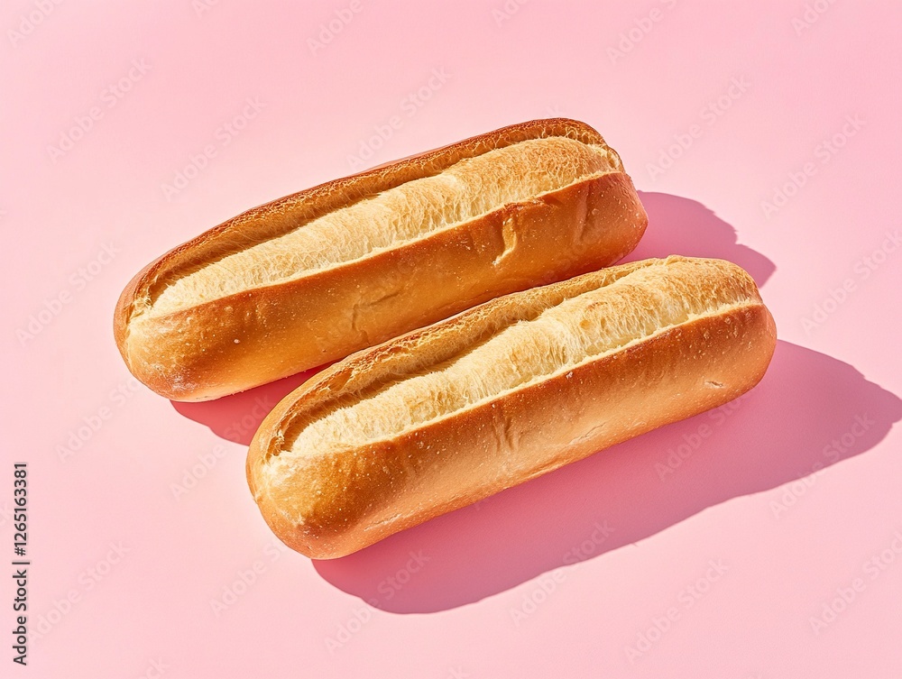A photograph of two baguettes, one with the top sliced off, on an isolated pastel background. The composition is centered and balanced, focusing solely on the texture and color of each bread.