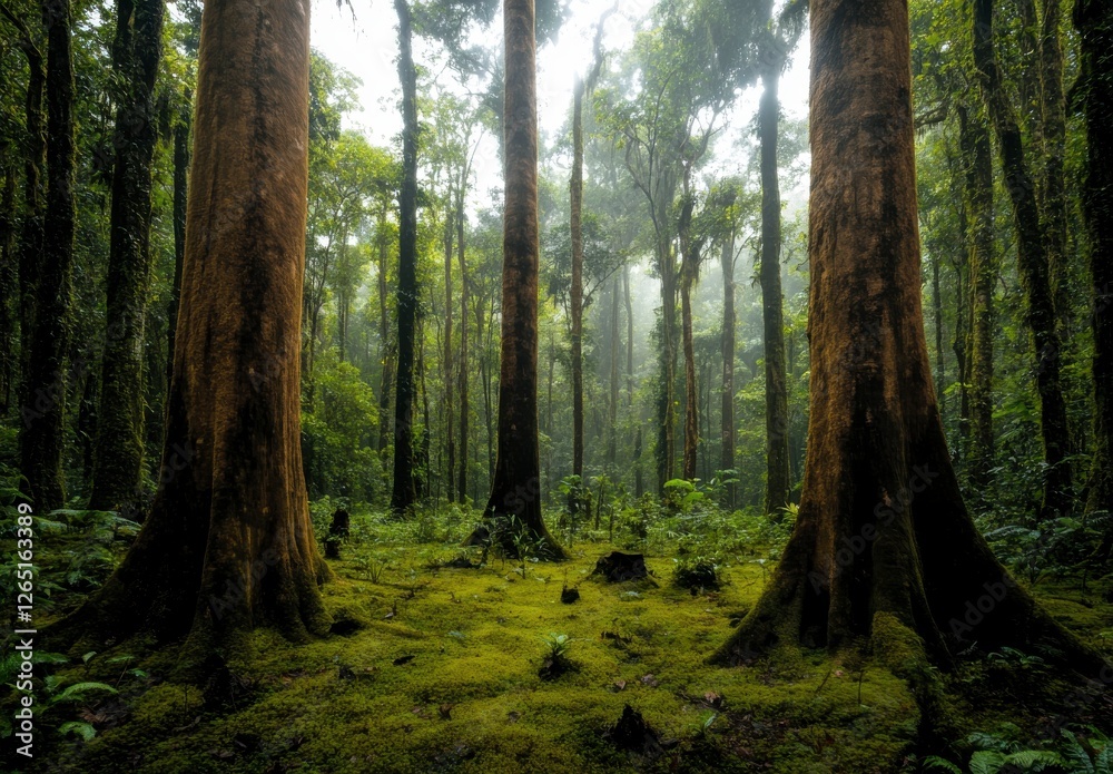 Obraz premium Sunlight Dappled Lush Green Forest with Mossy Floor