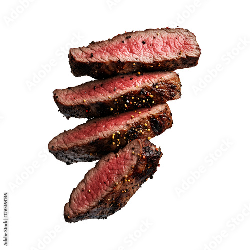 Juicy medium-rare grilled beef tenderloin steak with a seared crust and pink interior isolated on white transparent background. Concept of steakhouse cuisine and cooked meat