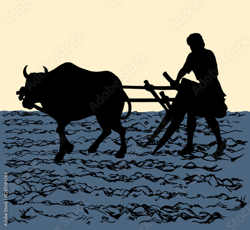 Vector drawing. Old wooden plow