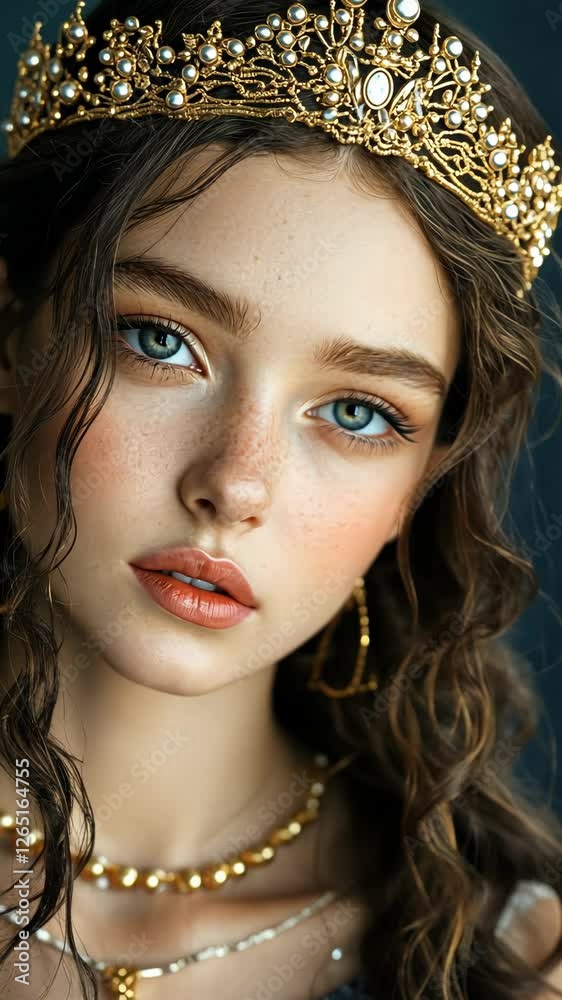 Portrait of a young woman wearing a detailed golden crown with intricate designs and natural makeup in a dark background Portrait of a young woman wearing a detailed golden crown with intricate designs and natural makeup in a dark background