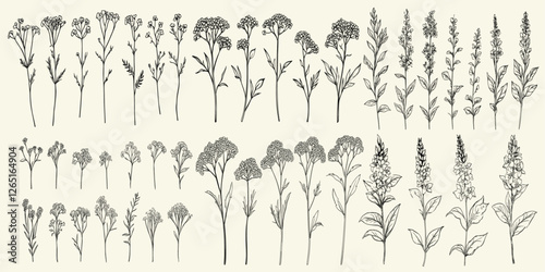 Wild yarrow flowers in detailed black line art for boho-themed branding, eco-conscious decor, modern wedding logos, invitations, and personalized stationery, trendy greenery, floral branch