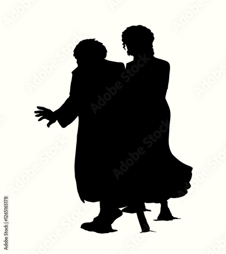 Vector drawing. Young girl helps a blind man