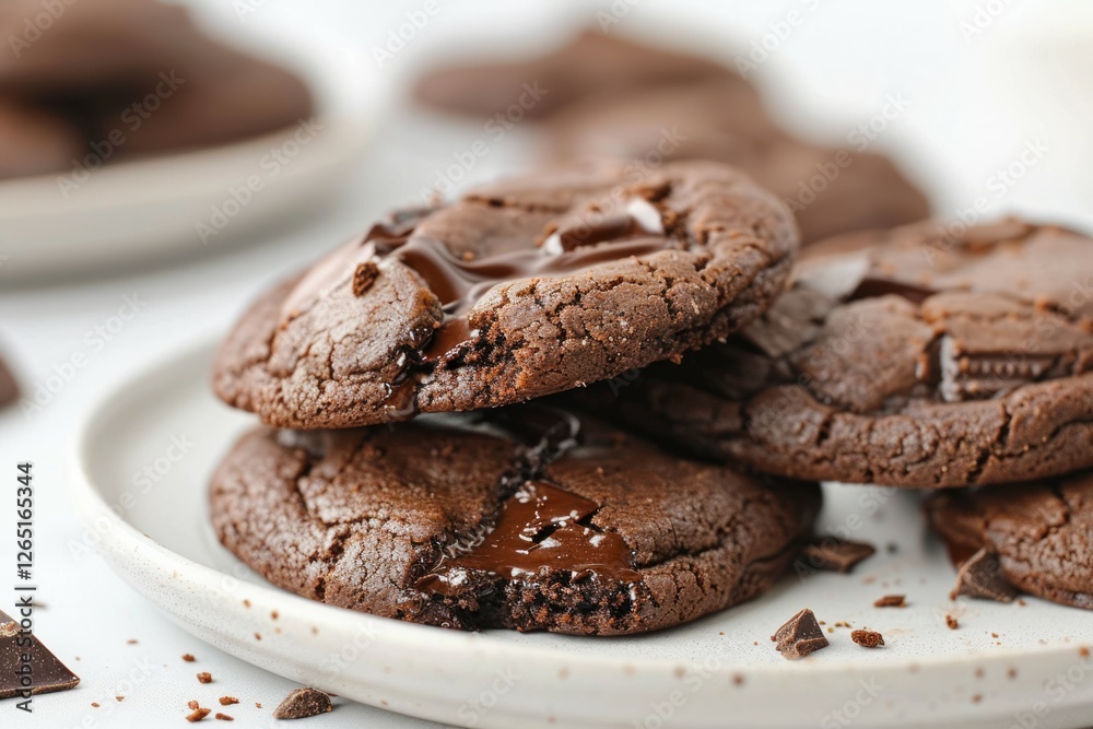Chocolate cookies on white plate, bright lighting. AI image Chocolate cookies on white plate, bright lighting. AI image