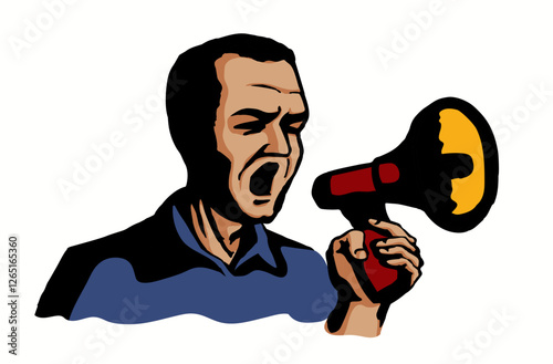 Vector Illustration. Man Shouting Into Megaphone