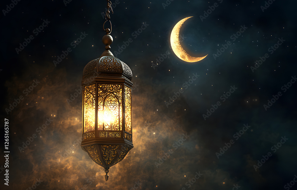 Ramadan Kareem greeting. Islamic crescent moon and lantern. End of fasting. ramadan decorations, Eid al-Fitr. Breaking of holy fast day. Muslim holiday. Arab night sky. Ramadan Kareem greeting. Islamic crescent moon and lantern. End of fasting. ramadan decorations, Eid al-Fitr. Breaking of holy fast day. Muslim holiday. Arab night sky.