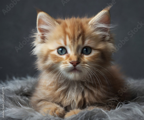 Fluffy kitten on a gray background