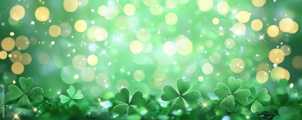 A vibrant green background featuring clover leaves and sparkling bokeh lights, evoking a festive and fresh atmosphere. A vibrant green background featuring clover leaves and sparkling bokeh lights, evoking a festive and fresh atmosphere.