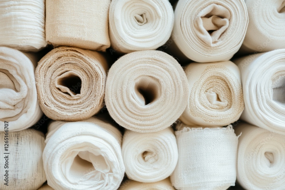 Rolled neutral fabrics displayed together in soft light. AI image Rolled neutral fabrics displayed together in soft light. AI image