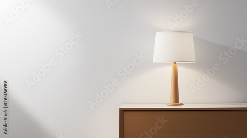 A lamp sits on a wooden table in a room with a white wall