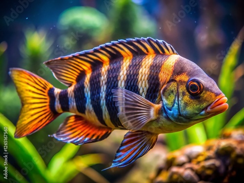 Stunning Convict Cichlid Fish,  Amatitlania nigrofasciata, Underwater Portrait with High Depth of Field photo