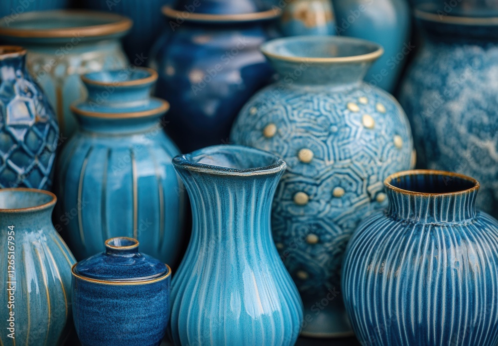 A collection of blue vases with different designs and patterns A collection of blue vases with different designs and patterns