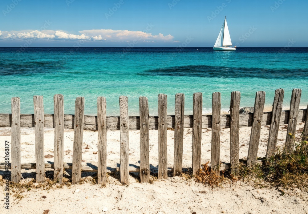 Fototapeta premium A wooden fence is on the beach next to the ocean