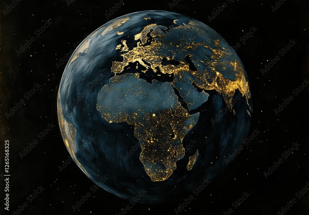 Obraz premium A painting of the Earth at night with the continents of Africa and Europe lit up