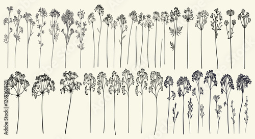 Black line art of cow parsley for elegant wedding stationery, botanical logos, vintage branding, feminine floral branch, wildflower collection, trendy greenery, personalized decor, floral designs, cus