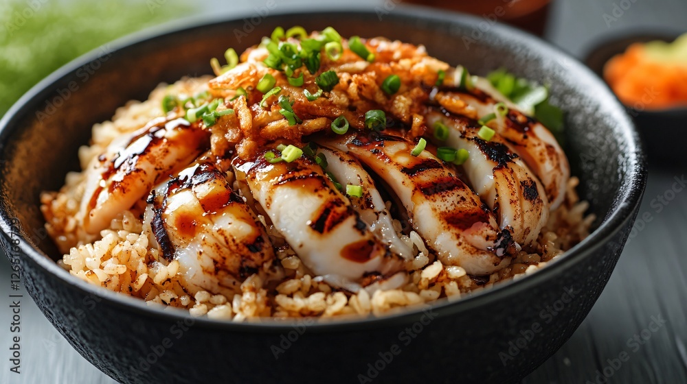 Grilled Squid with Teriyaki Sauce on Topped Wooden Plate Grilled Squid with Teriyaki Sauce on Topped Wooden Plate